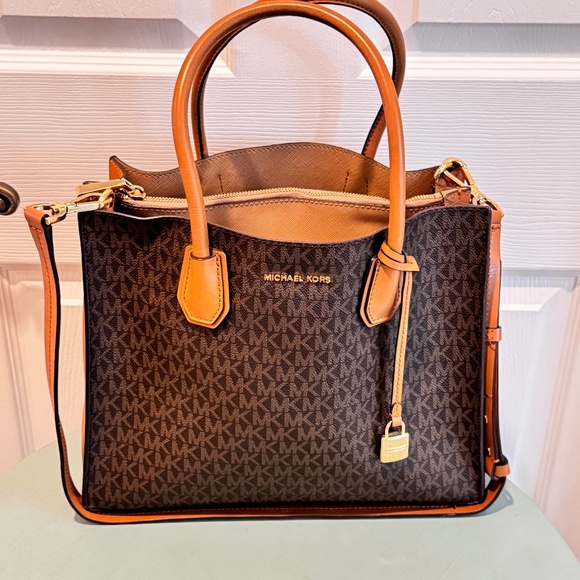 Michael Kors Woman's Logo Handbag, Chocolate Brown with Tan Leather - Picture 1 of 13